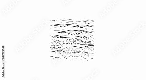 Abstract, layered, black and white, ink drawing of geological strata