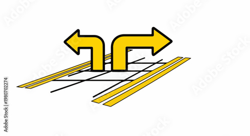 Yellow arrows indicate diverging paths on a stylized roadway