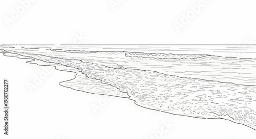Black and white sketch of gentle ocean waves reaching a sandy shore