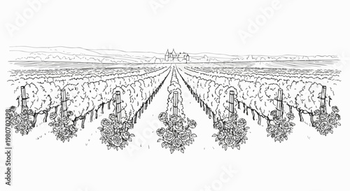 Sketch of rolling vineyards and distant chateau adorned with roses