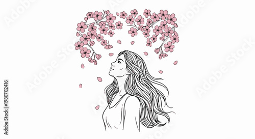Woman with flowing hair looks up at falling cherry blossoms