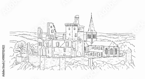 Line art drawing of a stone castle complex with adjoining church