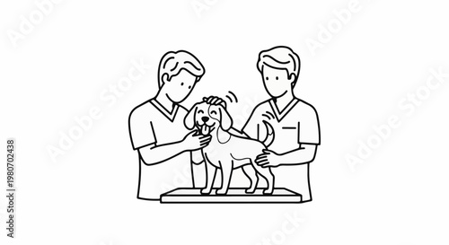 Two people pet a happy dog on a raised platform