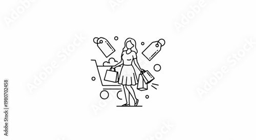 Woman with shopping bags and cart, surrounded by sale tags and bubbles