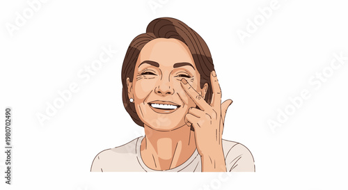 Woman with short brown hair touching her eye, smiling broadly