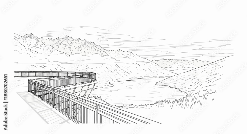Obraz premium Elevated walkway overlooks scenic lake and distant mountain range