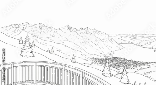 A scenic view of a lakeside town nestled at the base of majestic, snow-capped mountains