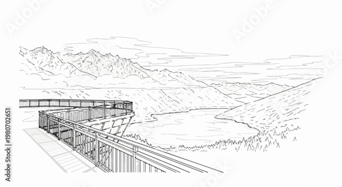 Elevated walkway overlooks scenic lake and distant mountain range