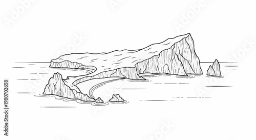 Sketch of a coastal landscape with rocky outcrops and a curved shoreline