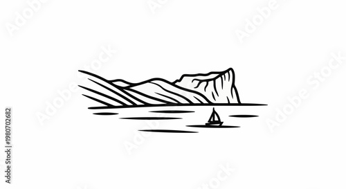 Black and white minimalist depiction of a sailboat on water with cliffs