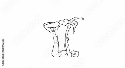 Two people performing an acrobatic yoga pose on a white background