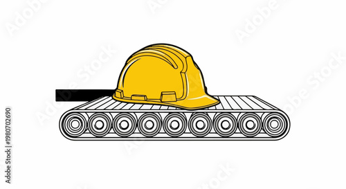 Yellow hard hat on a conveyor belt, industrial production line
