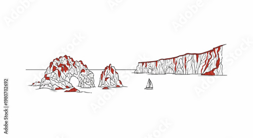 Stylized illustration of rocky sea arches and a sheer cliff face with red accents