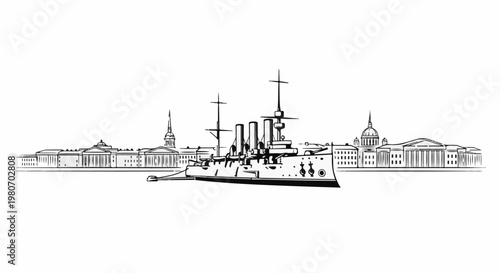 A line drawing of a naval ship in front of classical architecture