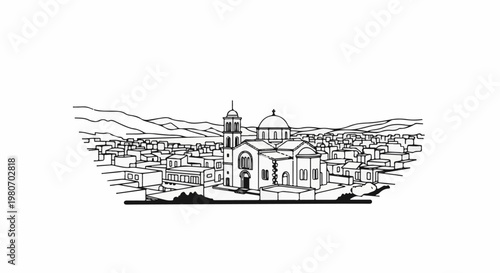 Stylized black and white illustration of a domed church and buildings against hills