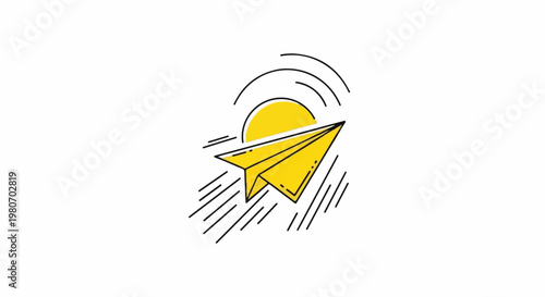 Yellow paper airplane flying towards a bright yellow sun and radiating waves