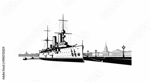 A grayscale drawing of a vintage warship docked near an ornate city skyline