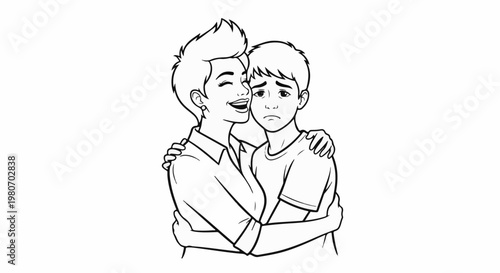 Woman comforting a sad young boy with an embrace