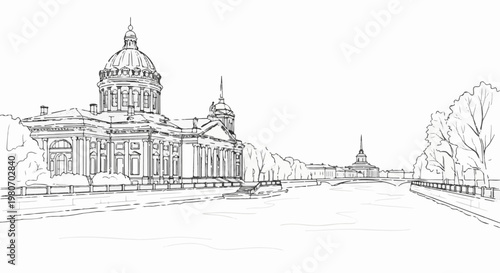 Ornate dome building on river bank, line art sketch of cityscape