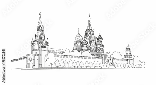 Black and white sketch of a famous historical complex with distinctive domes and a clock tower