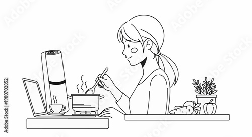 Woman cooking while working and enjoying a cup of tea