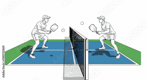 Two people playing pickleball on a blue court with a net