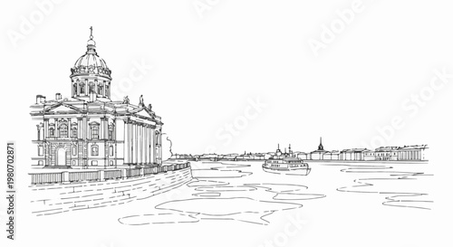 Ornate domed building by icy river with distant cityscape and vessel