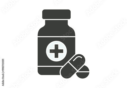 Frasco de medicamentos con símbolo de cruz médica y cápsulas que representan tratamiento farmacéutico y cuidado de la salud