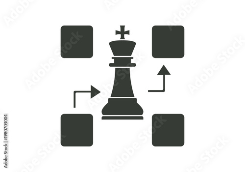Rey de ajedrez rodeado por cuadros y flechas que simbolizan la planificación estratégica y los movimientos tácticos