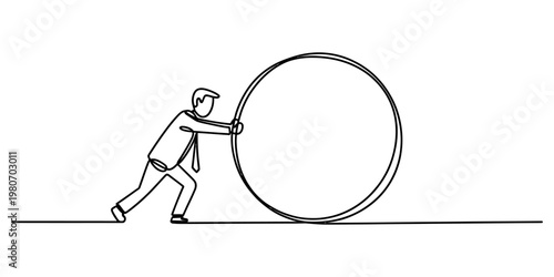 A single continuous line drawing of a businessman pushing a giant round object forward steadily Vector, illustration