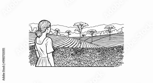 Woman gazes at a lush, tiered landscape of agricultural fields and trees
