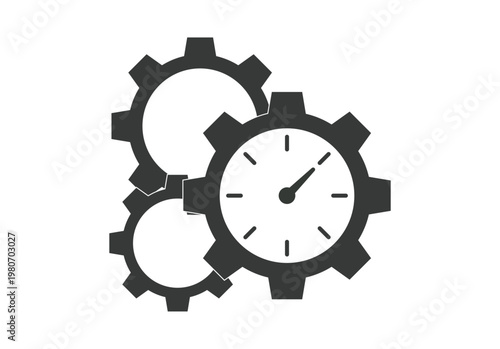 Iconos de engranajes metálicos y reloj analógico que simbolizan la gestión del tiempo y la eficiencia en procesos industriales