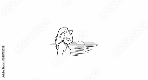 Woman gazes at sunset over water, hand shielding eyes from sun