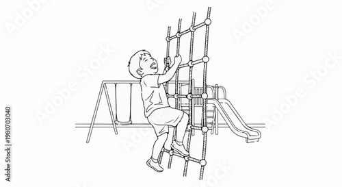 Young boy happily climbing a rope net at a playground