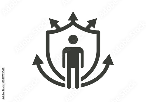 Silueta humana protegida por un escudo con flechas que indican seguridad y defensa integral en diversas direcciones