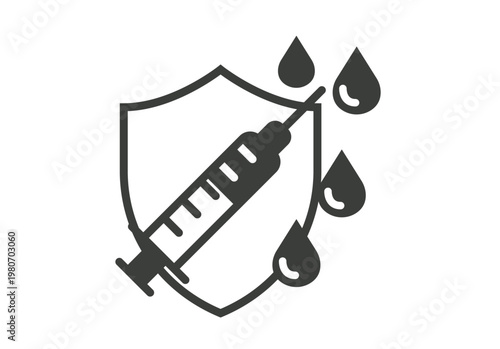 Jeringuilla médica con gotas de líquido protegida por un escudo de seguridad