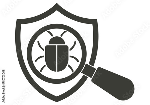 Escudo de seguridad con lupa analizando un insecto o virus informático en color oscuro