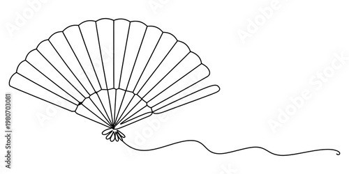 A simple black and white line drawing of a traditional folding fan with a thin decorative string Vector, illustration