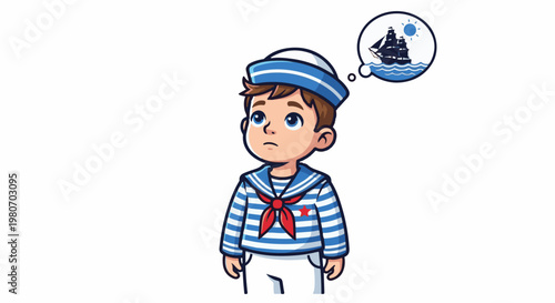Young boy in sailor outfit dreams of a sailing ship on the sea