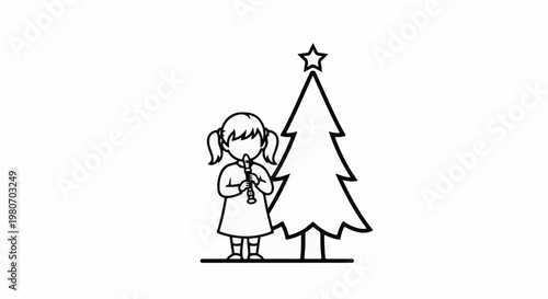 Young child plays flute by a decorated Christmas tree