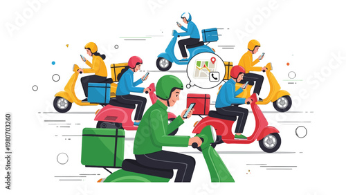 Fast Delivery: A dynamic scene of couriers on scooters, navigating a city. It is a visual representation of speed and efficiency in urban logistics.