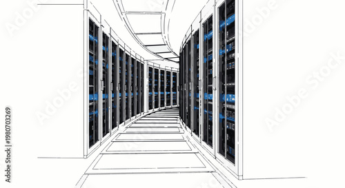 Wireframe perspective view of a curved data server room with rows of cabinets