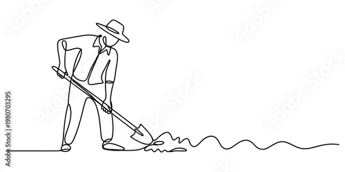 Continuous line drawing of a farmer digging the soil with a shovel on a simple white background Vector, illustration