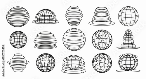 Wireframe spheres and domed shapes in a grid pattern