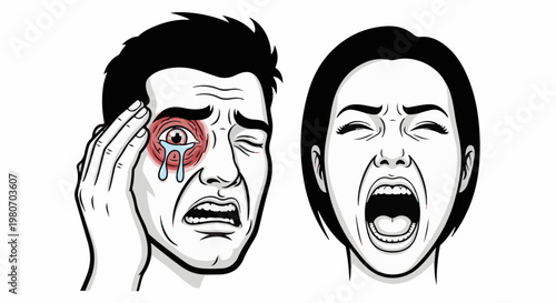 Two people in distress, one holding head with crying eye, other screaming
