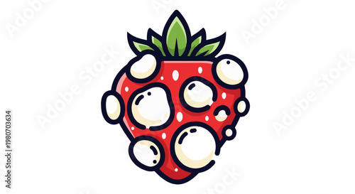 Whimsical, red berry with bumpy, bulbous white seeds and green leaves