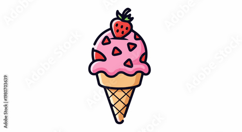 Whimsical strawberry ice cream cone with fruit pieces and topping