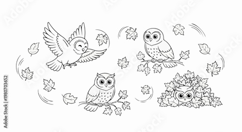 Whimsical owls and falling autumn leaves create a charming illustrative scene