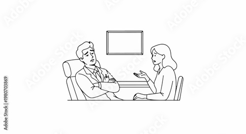 Two people having a discussion in a room with a framed picture