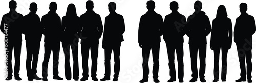 Group of people silhouettes, men and women standing together, crowd figures collection, isolated black silhouettes, social lifestyle concept illustration